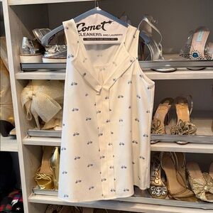 Anthropologie Cream Sleeveless Blouse with Blue bicycle Accents